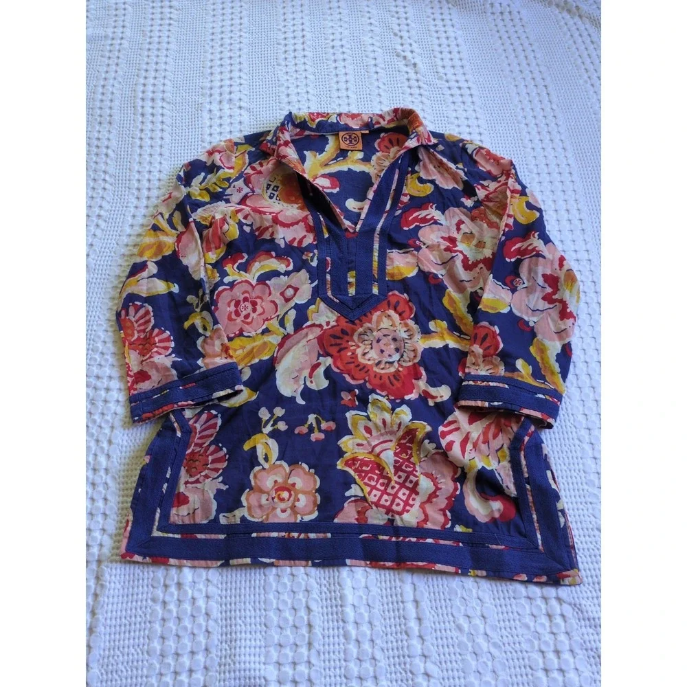 Tory Burch Wildflower Print Floral Tunic Multicolor Size 6‎ Side Zip Pullover